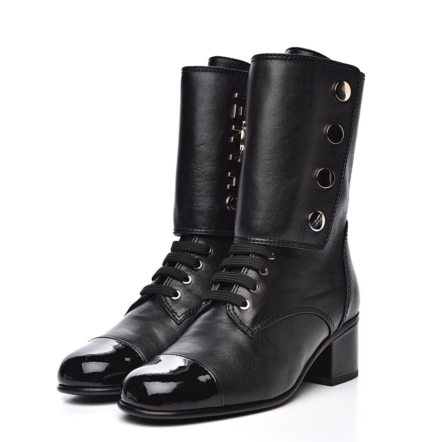 Calfskin Patent Cap Toe CC Lace Up Boots 37 Black