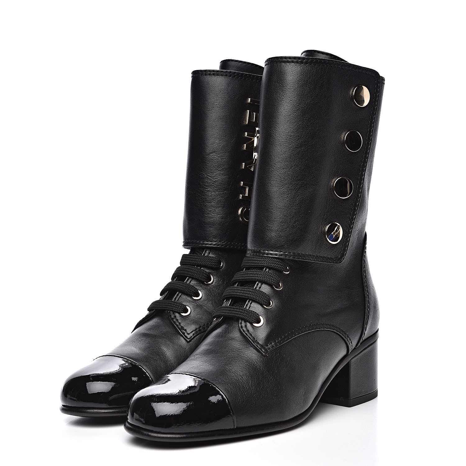 Chanel Calfskin Patent Cap Toe CC Lace Up Boots 37 Black 4 of 8