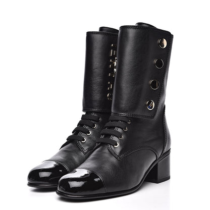 Chanel Calfskin Patent Cap Toe CC Lace Up Boots 37 Black 4 of 8