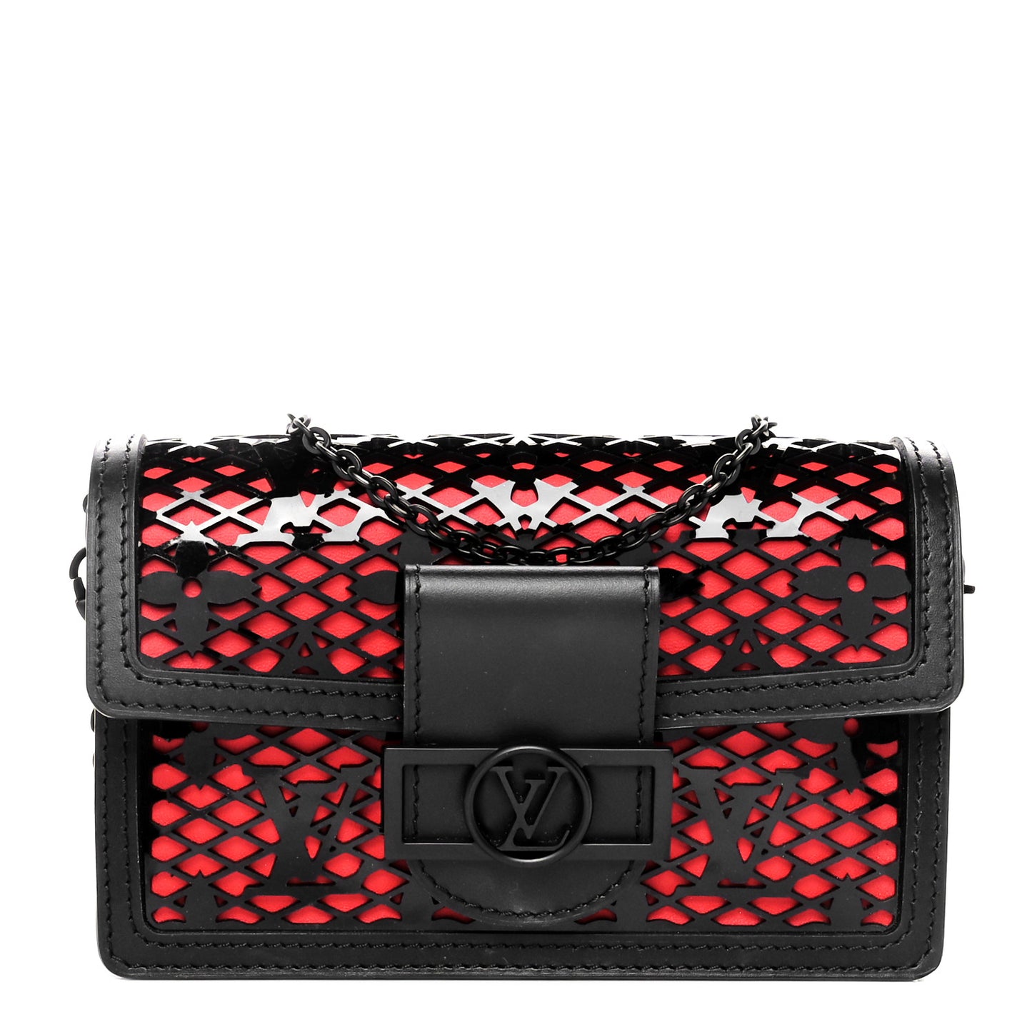 Patent Calfskin Laced Monogram Dauphine Chain Wallet Black