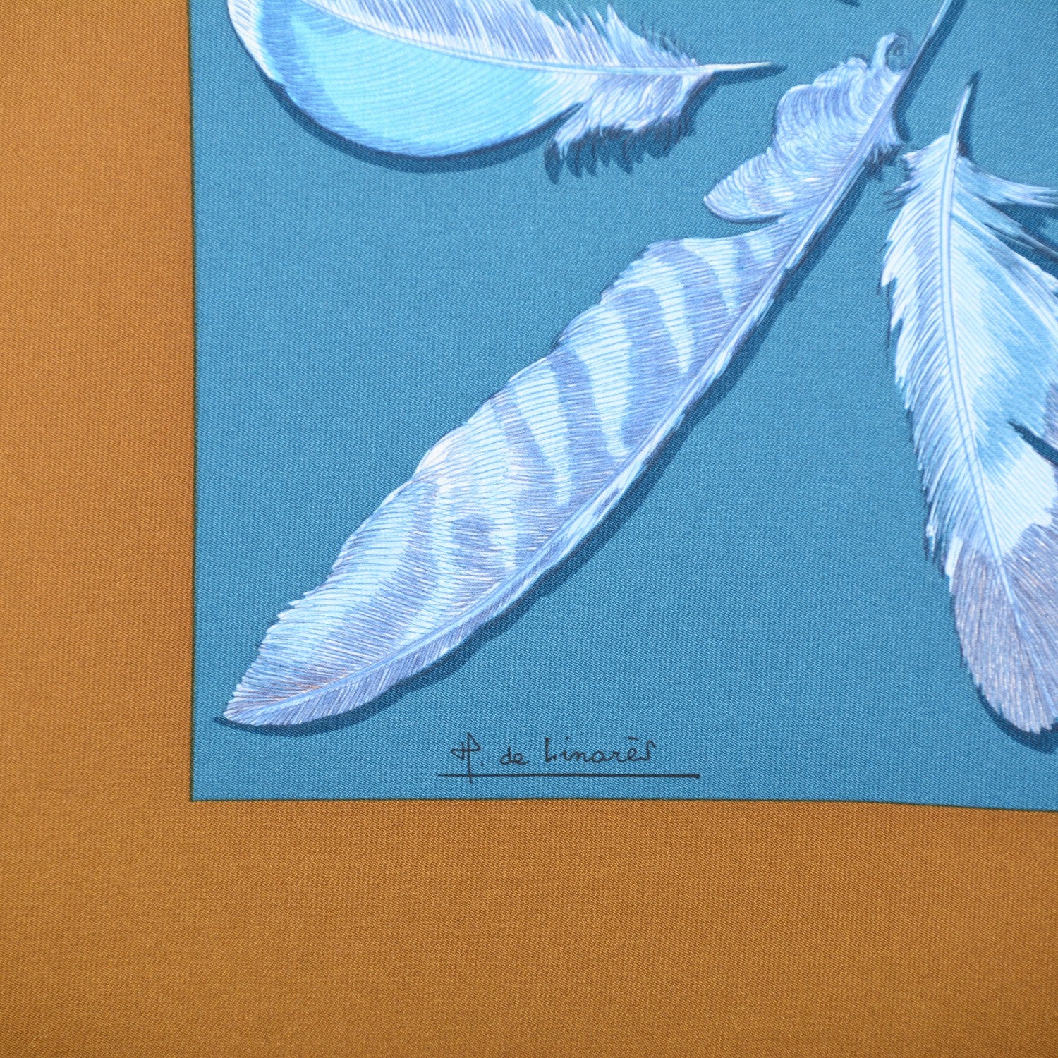 Hermes Silk Plumes II Scarf 90 Bronze Canard Petrol 4 of 6