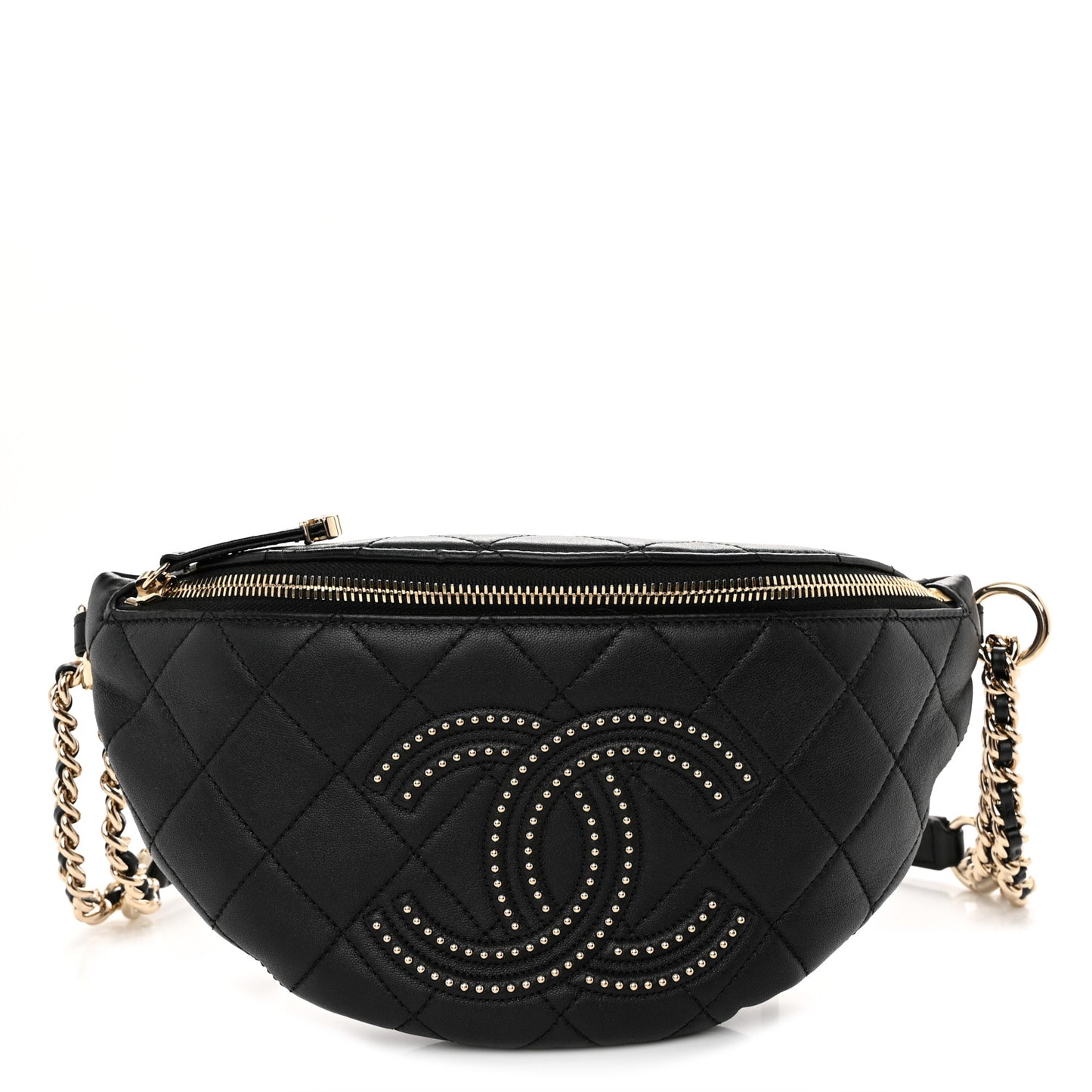 Lambskin Quilted Studded Waist Bag Fanny Pack Black