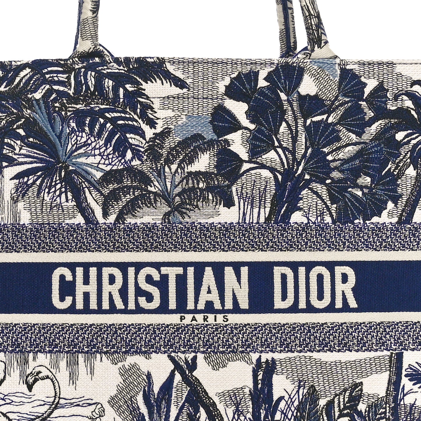 Canvas Embroidered Large Palm Tree Toile De Jouy Book Tote Blue