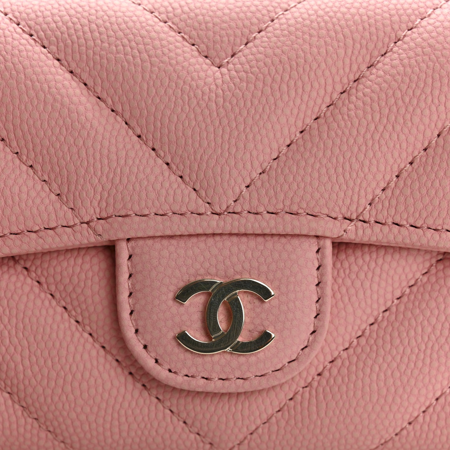 Caviar Flat Chevron Quilted Flap Card Holder Pink