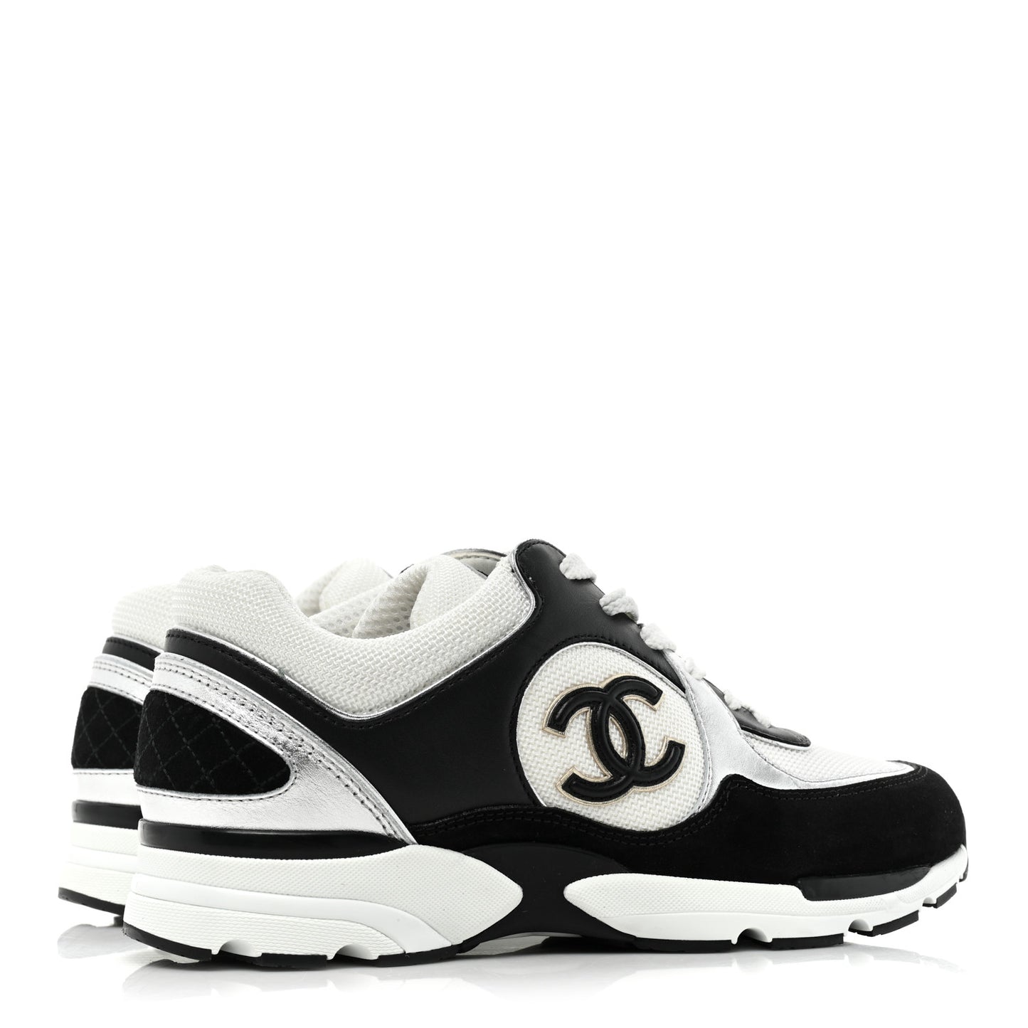 Calfskin Fabric Womens CC Sneakers 38.5 Black White Silver