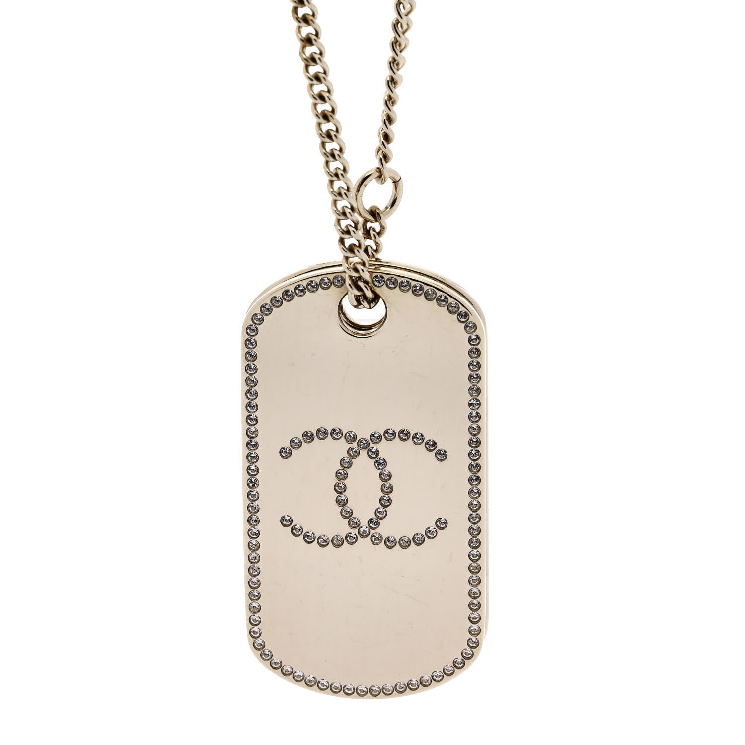Chanel Metal Crystal Dog Tag Charm Necklace Gold 4 of 6