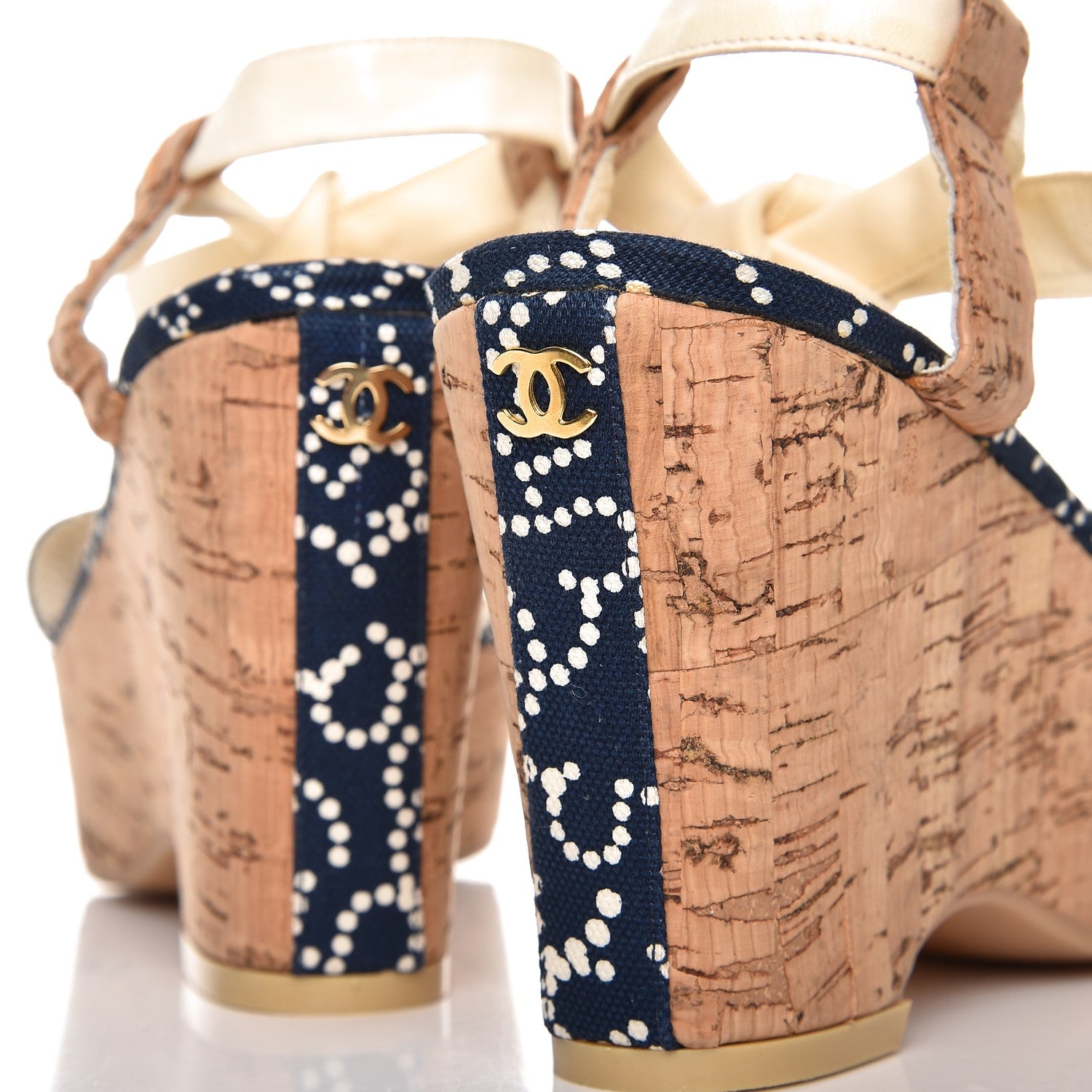 Chanel Canvas Lambskin Cork CC Wedge Sandals 38 Navy Blue 9 of 9