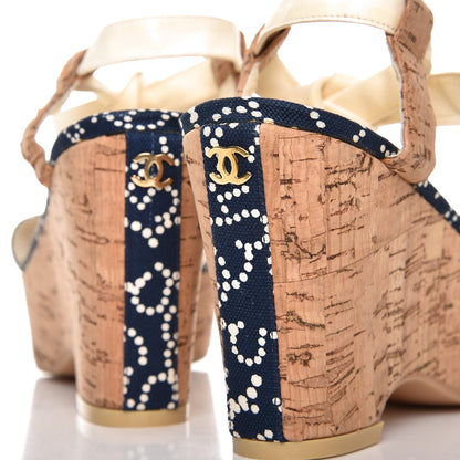 Chanel Canvas Lambskin Cork CC Wedge Sandals 38 Navy Blue 9 of 9