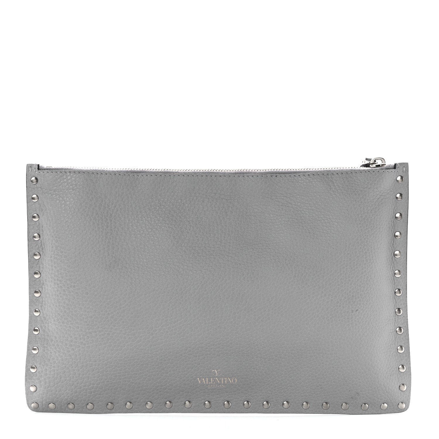 Valentino Garavani Pebbled Calfskin Large Rockstud Zip Pouch Pastel Grey 1 of 12