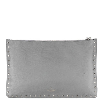 Valentino Garavani Pebbled Calfskin Large Rockstud Zip Pouch Pastel Grey 1 of 12