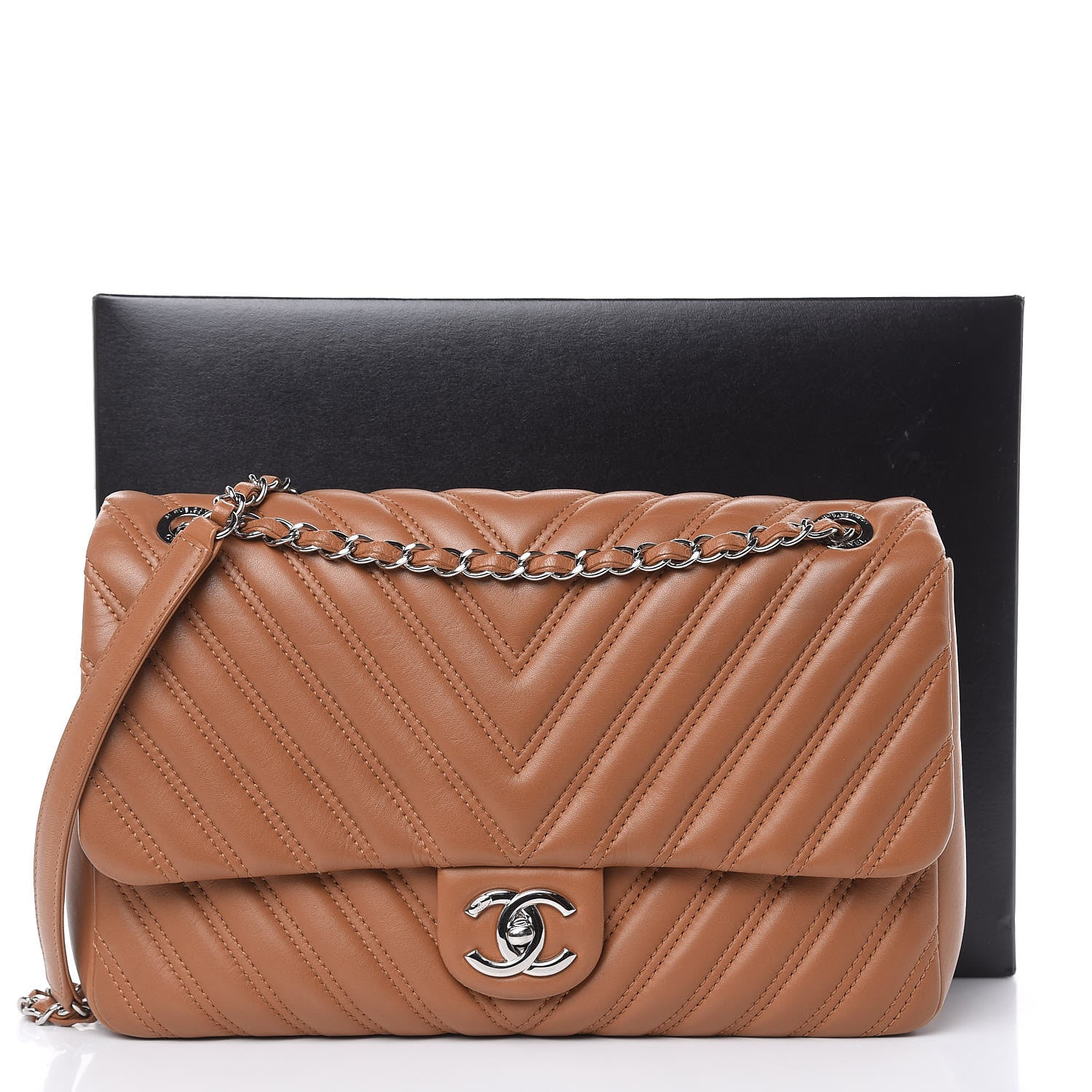 Chanel Lambskin Chevron Double Stitch Jumbo Single Flap Camel 13 of 13