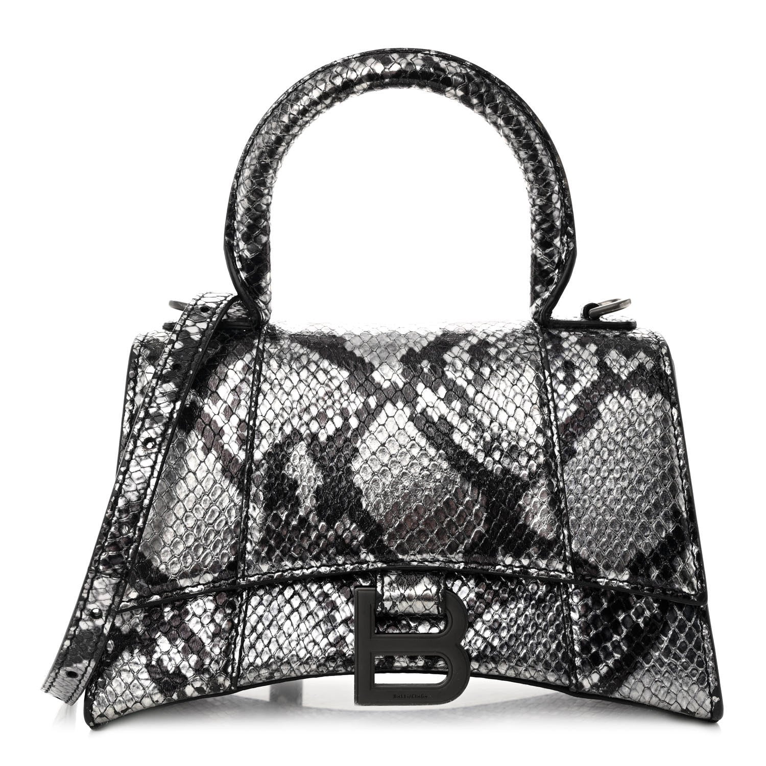 Balenciaga Shiny Calfskin Snakeskin Embossed Hourglass Top Handle Bag XS Silver Black 1 of 9