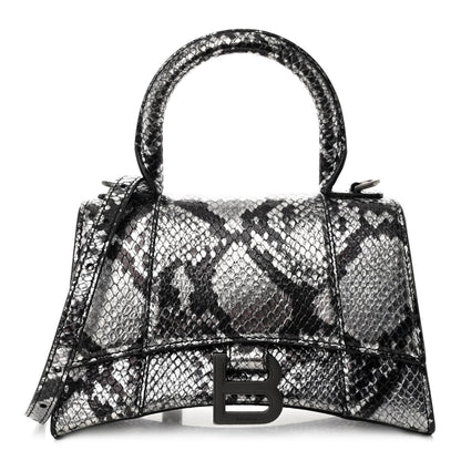 Balenciaga Shiny Calfskin Snakeskin Embossed Hourglass Top Handle Bag XS Silver Black 1 of 9