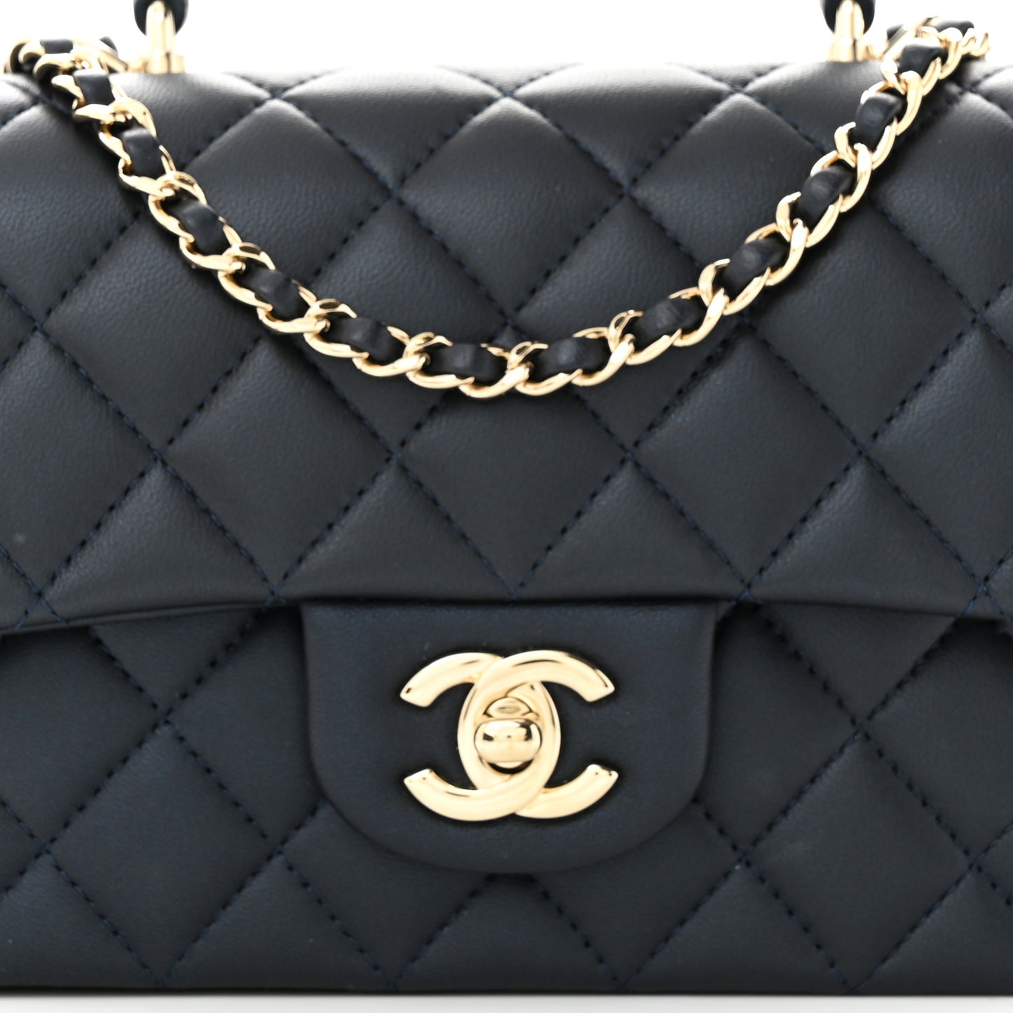 Lambskin Quilted Mini Top Handle Rectangular Flap Navy Blue