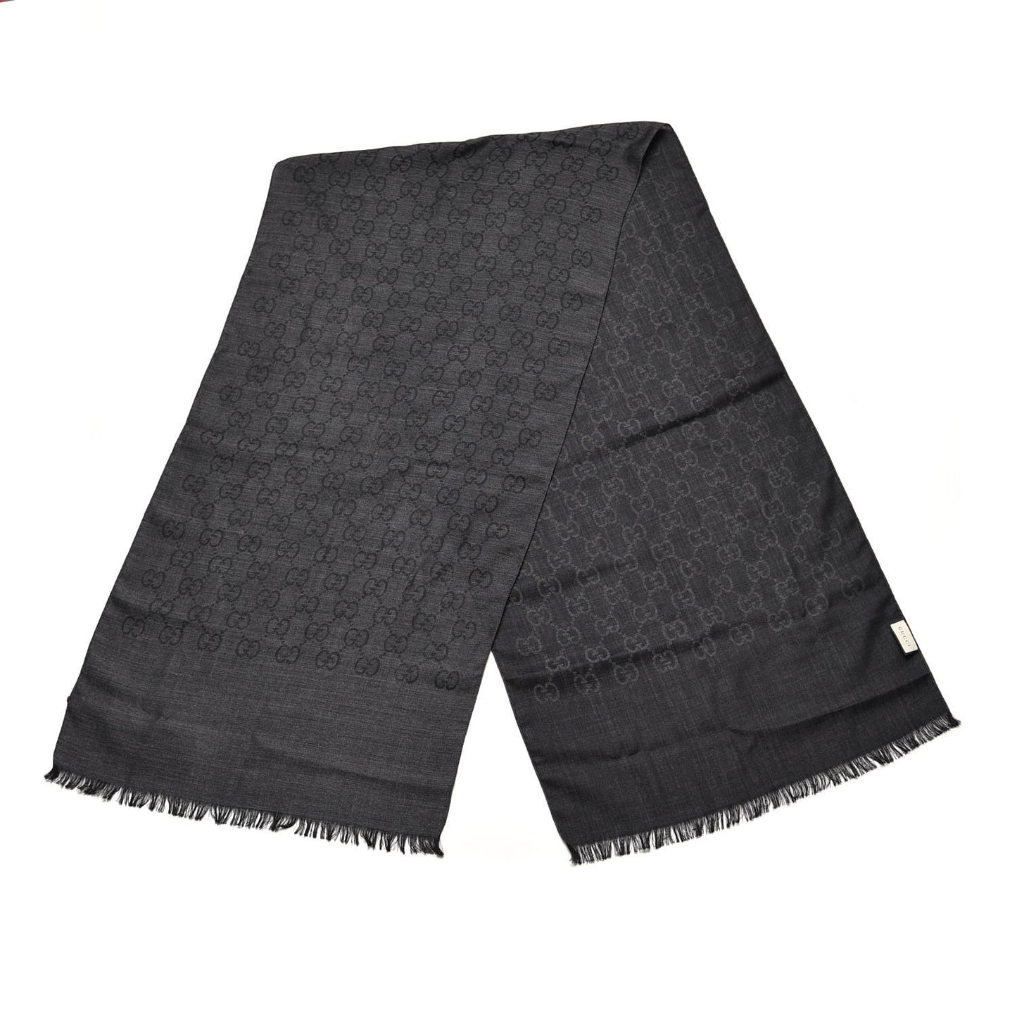 Wool Silk Monogram Fringe Scarf Grey Black