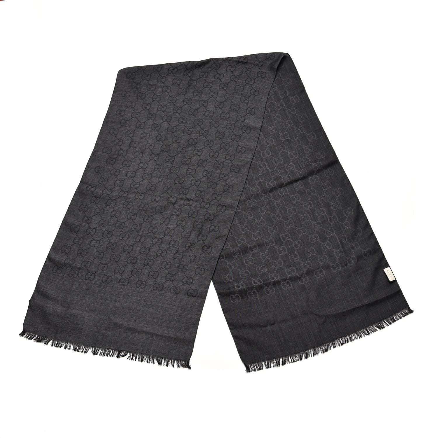 Gucci Wool Silk Monogram Fringe Scarf Grey Black 3 of 5