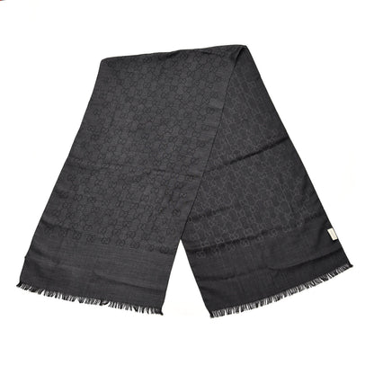 Gucci Wool Silk Monogram Fringe Scarf Grey Black 3 of 5
