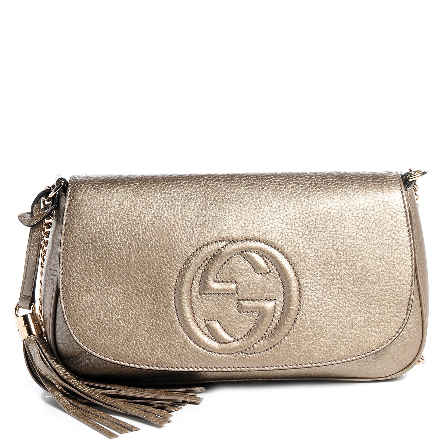 Metallic Pebbled Calfskin Medium Soho Flap Crossbody Golden Beige