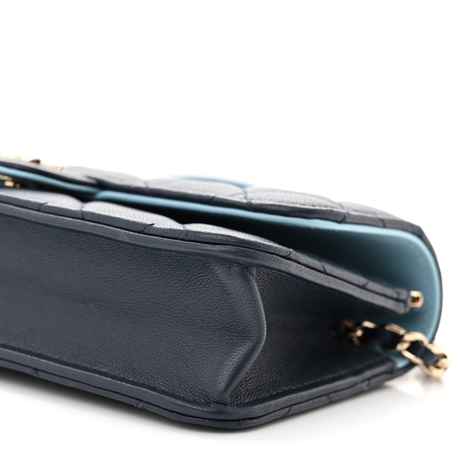 Lambskin Quilted Flap Phone Holder With Chain Dark Blue Light Blue
