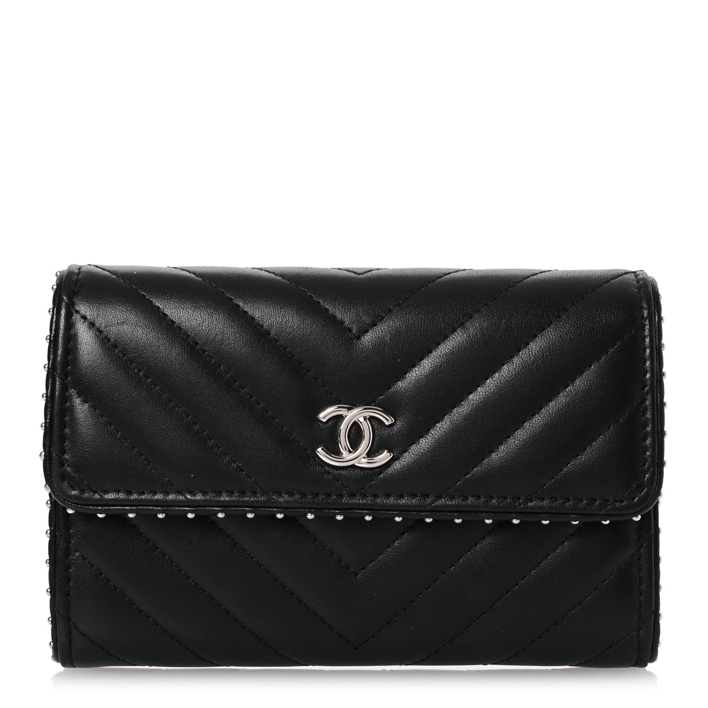 Lambskin Chevron Quilted Studded Small Flap Wallet Black
