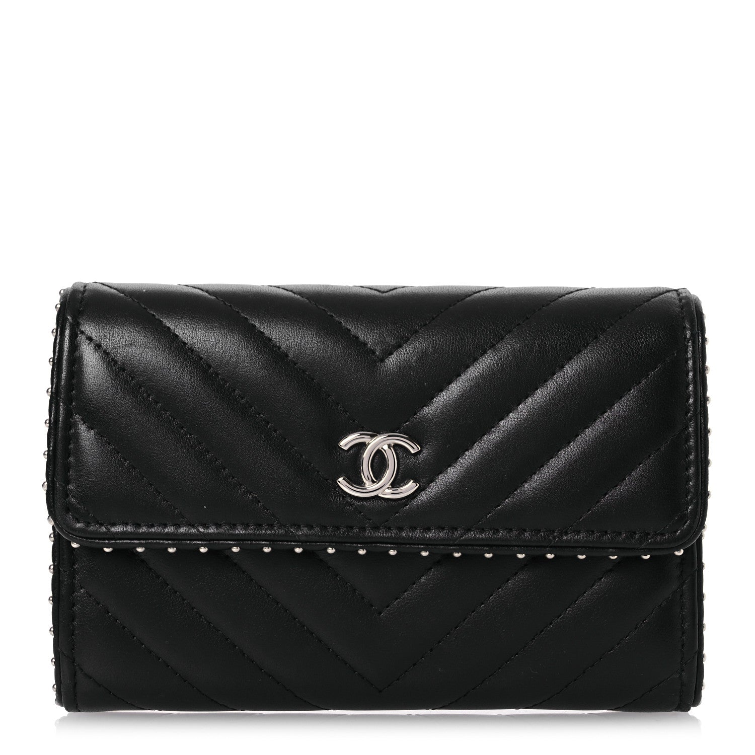 Chanel Lambskin Chevron Quilted Studded Small Flap Wallet Black 1 of 16