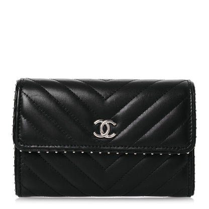 Chanel Lambskin Chevron Quilted Studded Small Flap Wallet Black 1 of 16
