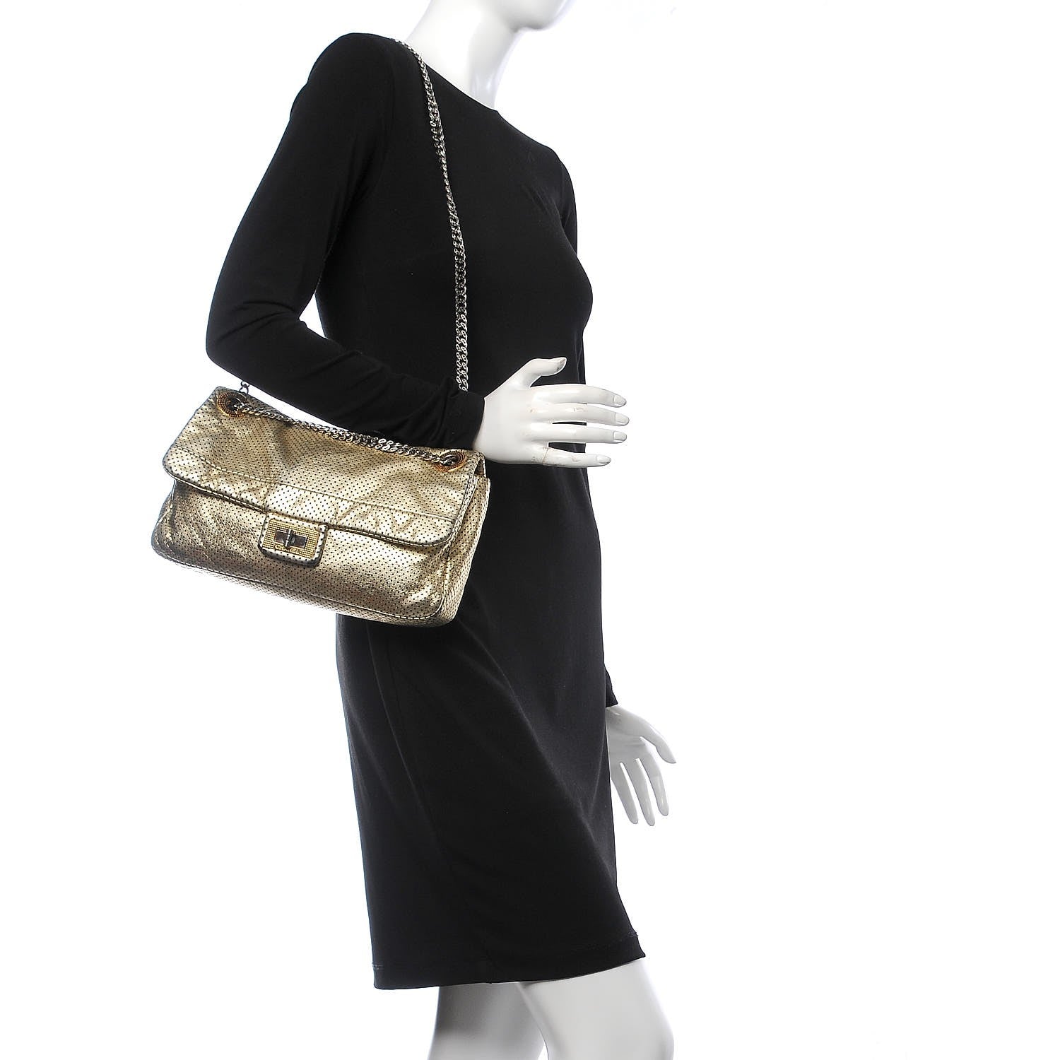 Chanel Metallic Crackled Calfskin Perforated Large Drill Flap Gold 2 of 7