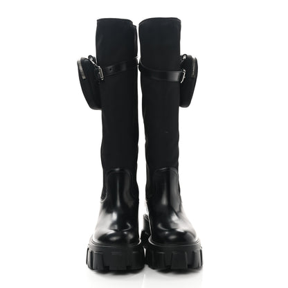 Prada Spazzolato Rois Re-Nylon Metal Triangle Logo Monolith Pouch Pocket 55mm Tall Boots 37 Black 2 of 8
