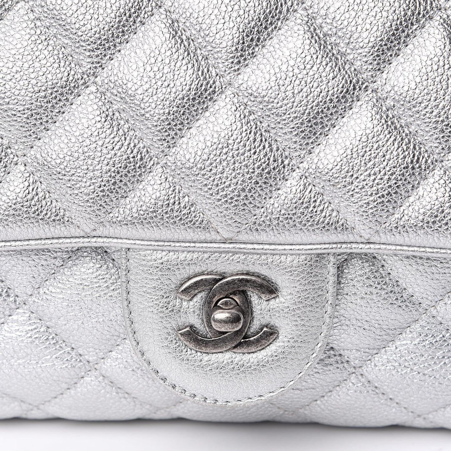 Metallic Calfskin Quilted Medium Casual Rock Flap Silver