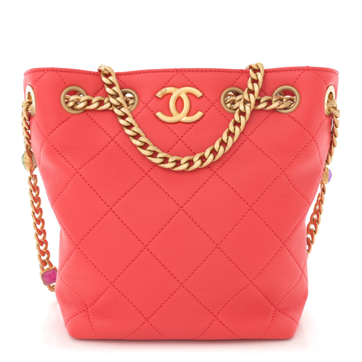 Chanel Lambskin Resin Quilted Small Pearl Samba Bucket Bag Red 1 of 11