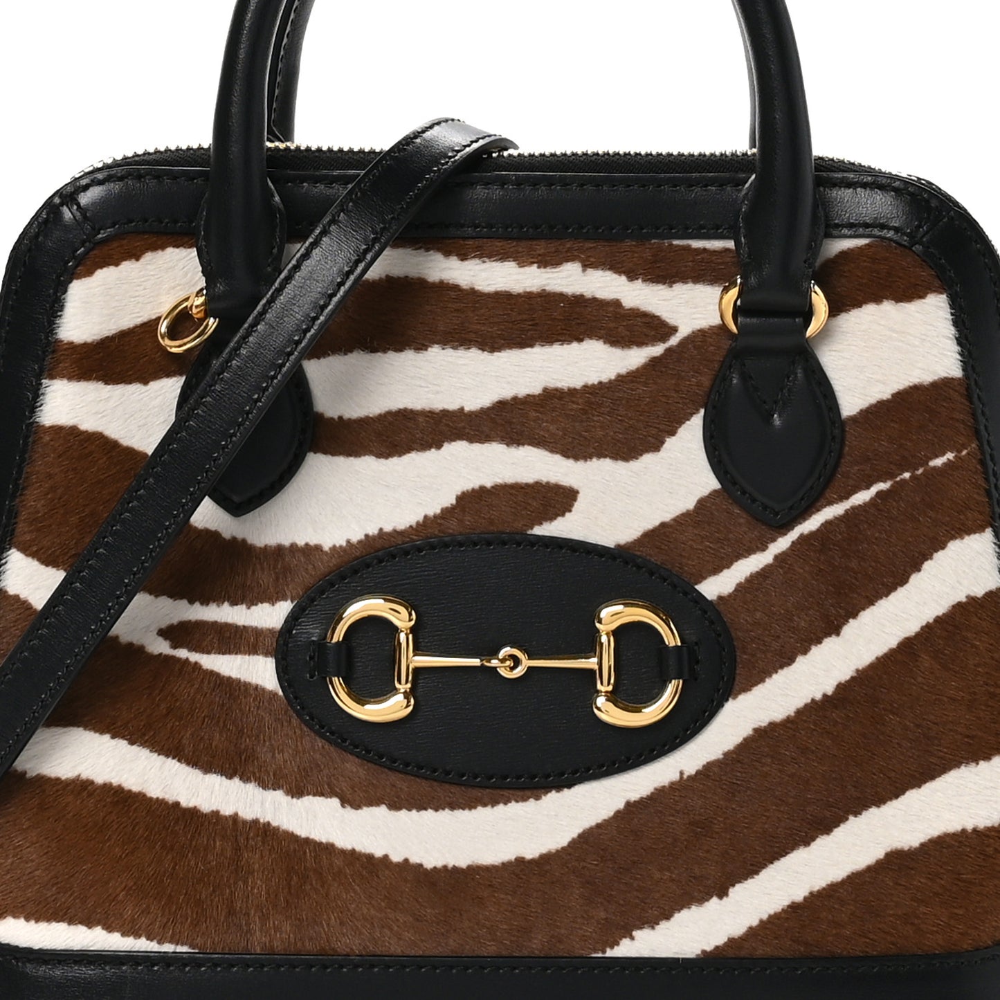 Pony Hair Zebra Striped Small Horsebit 1955 Top Handle Bag White Brown Black