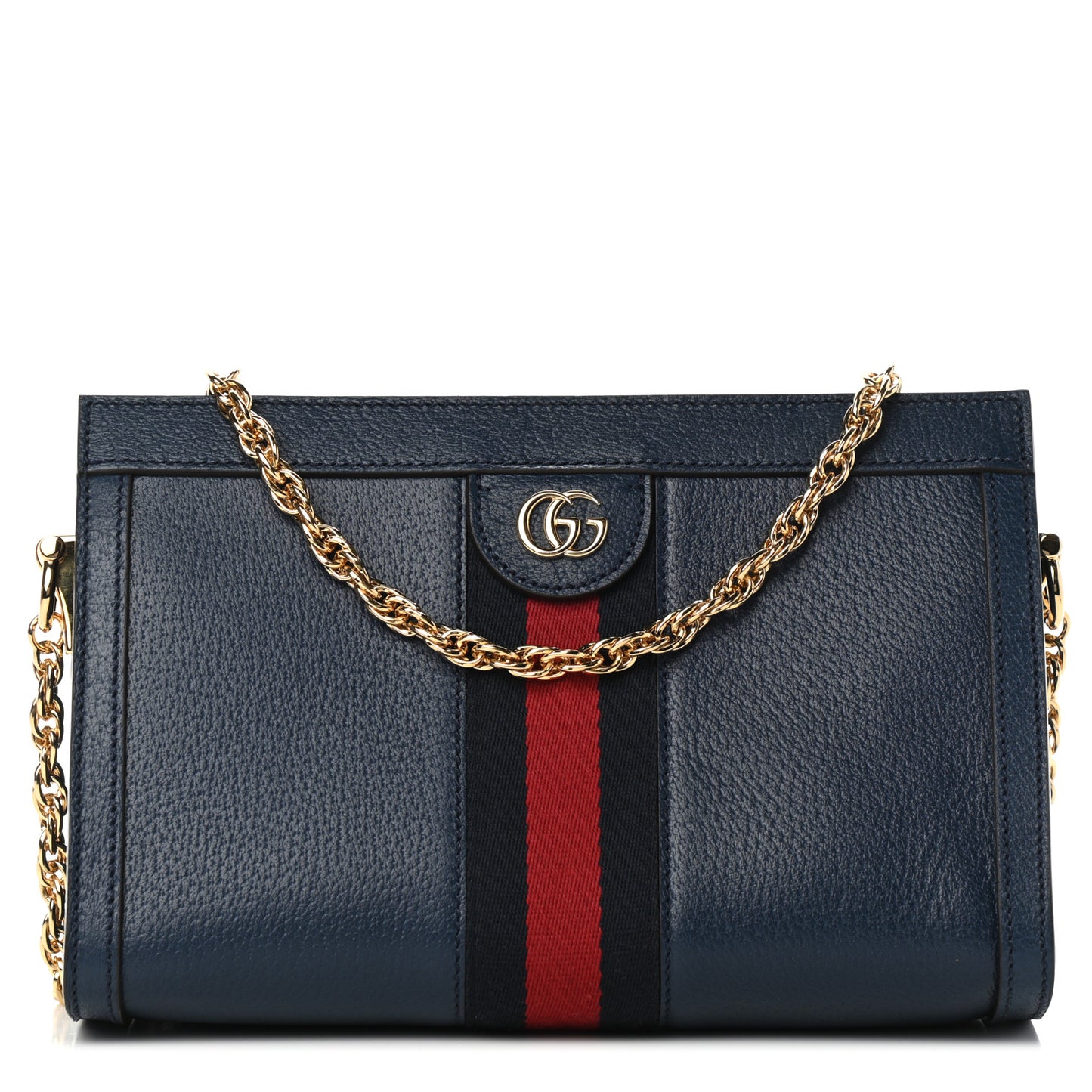 Textured Calfskin Web Small Ophidia Chain Shoulder Bag Blue Agata