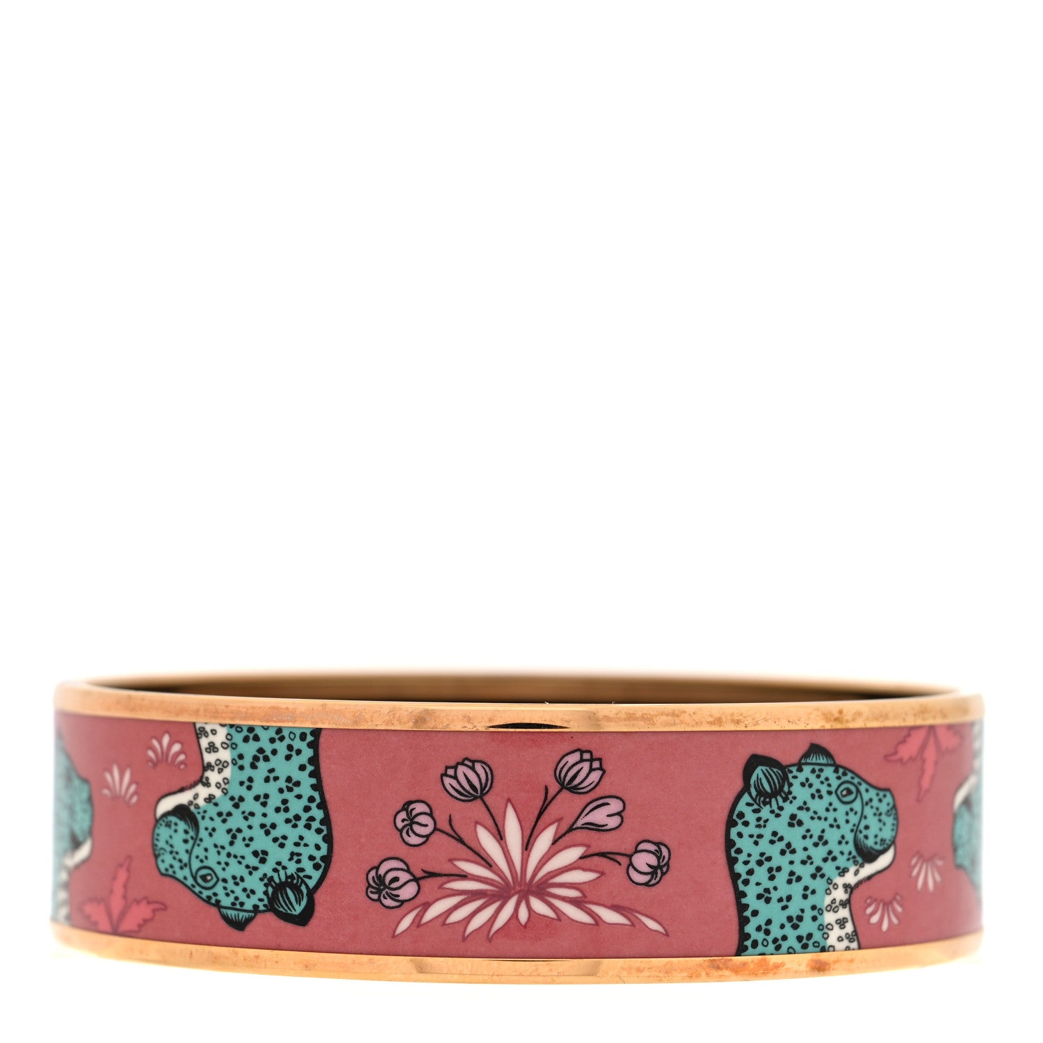 Hermes Enamel Printed Wide Les Leopards Bracelet 65 Rose Couture 3 of 6
