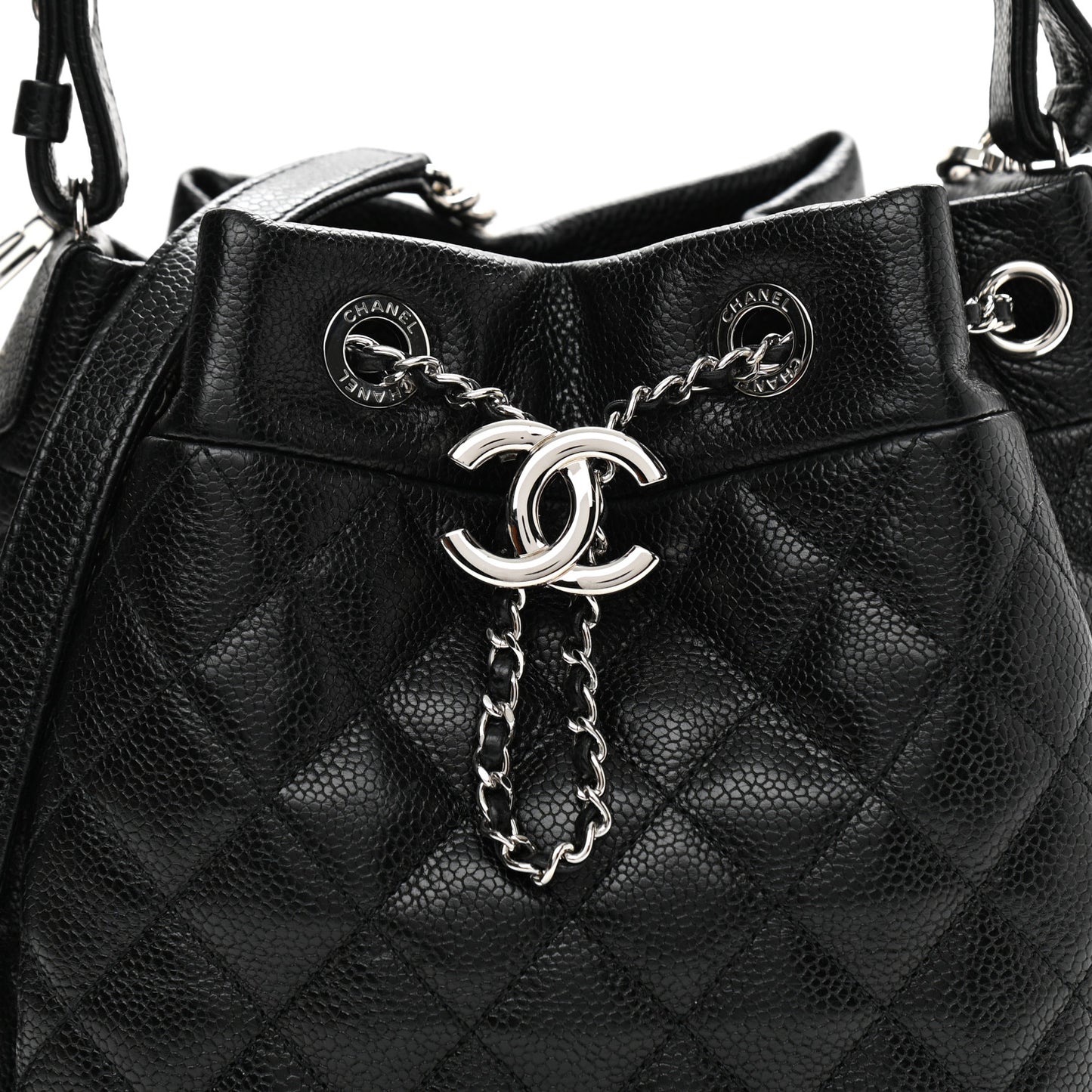 Caviar Flat Quilted CC Chain Bucket Drawstring Bag Black