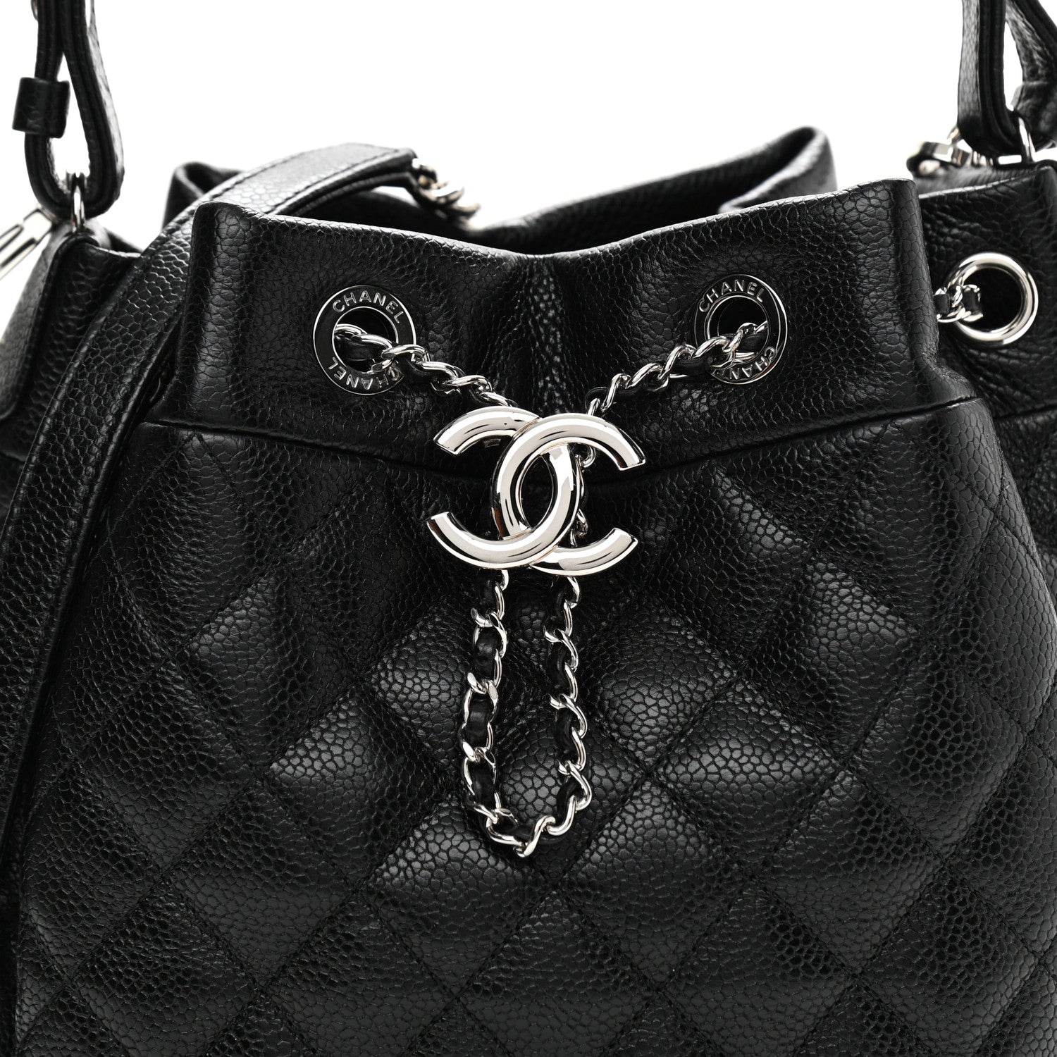 Chanel Caviar Flat Quilted CC Chain Bucket Drawstring Bag Black 8 of 12