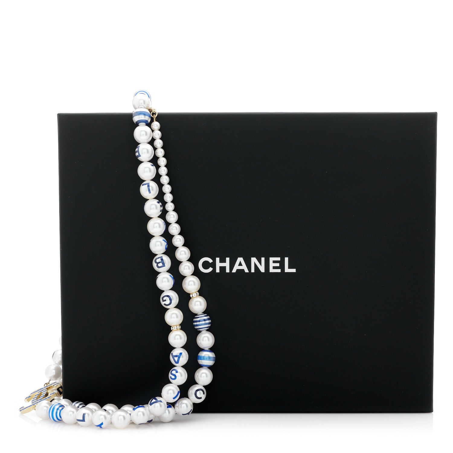 Chanel Resin Pearl Striped CC Necklace Blue Gold 5 of 5