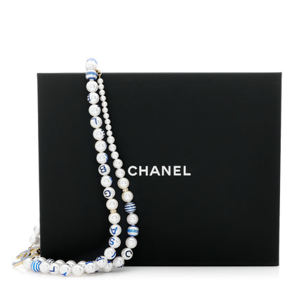 Chanel Resin Pearl Striped CC Necklace Blue Gold 5 of 5
