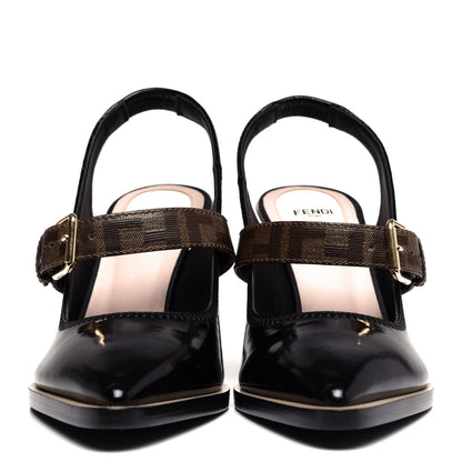 Fendi Glossy Neoprene Glazed Fabric FF FFrame Court Mary Jane Slingback Pumps 39 Black Tobacco Moro 2 of 9
