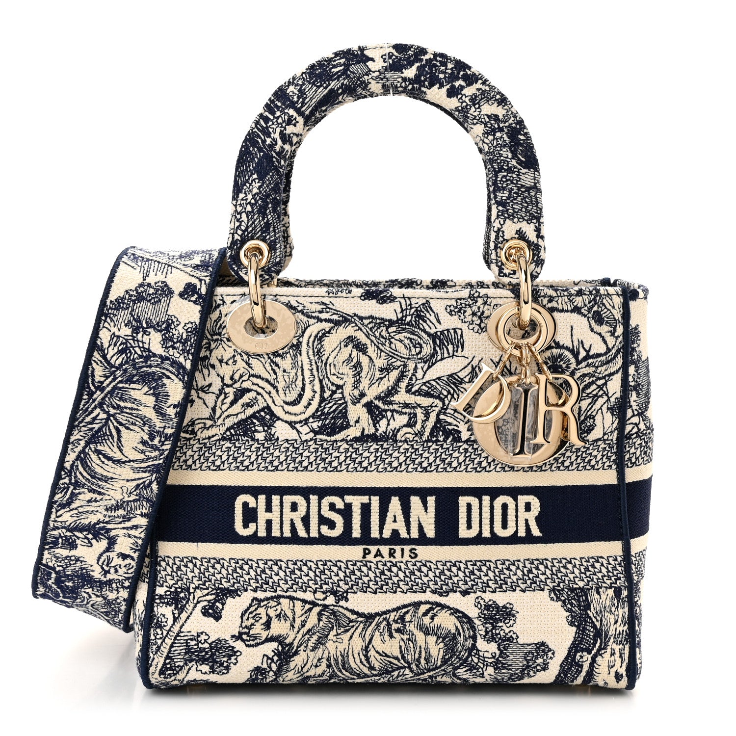 Christian Dior Toile de Jouy Embroidered Medium Lady D-Lite Navy 1 of 10