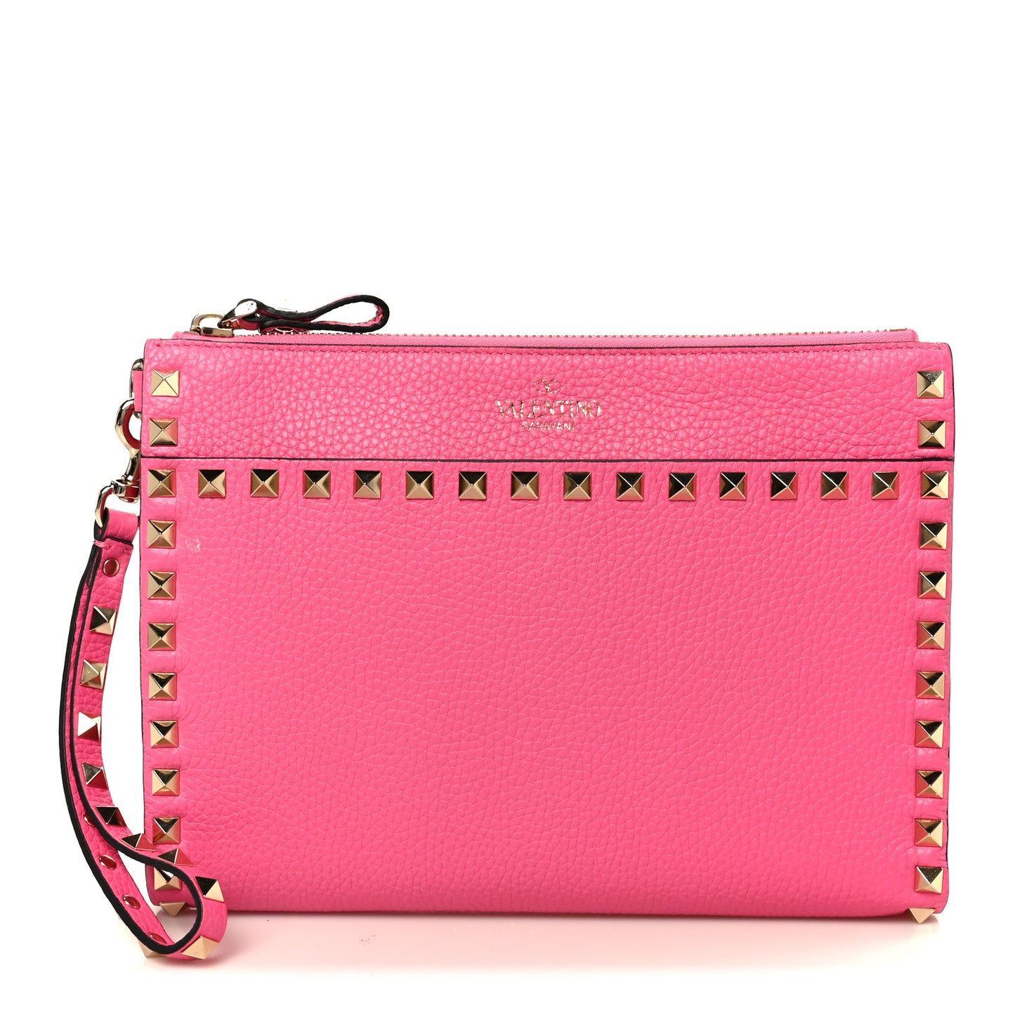 Pebbled Calfskin Medium Rockstud Flat Pouch Pink