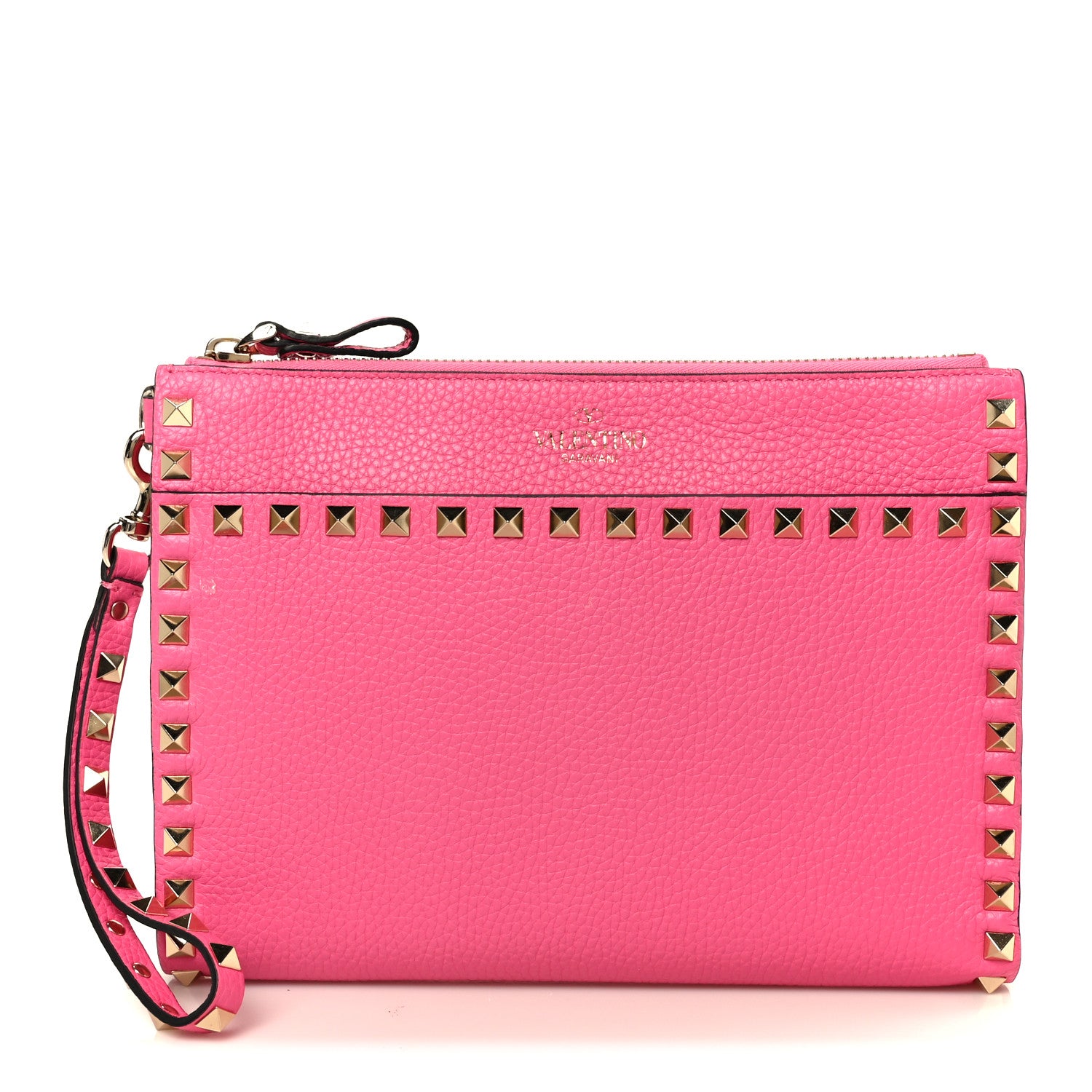 Valentino Garavani Pebbled Calfskin Medium Rockstud Flat Pouch Pink 1 of 9