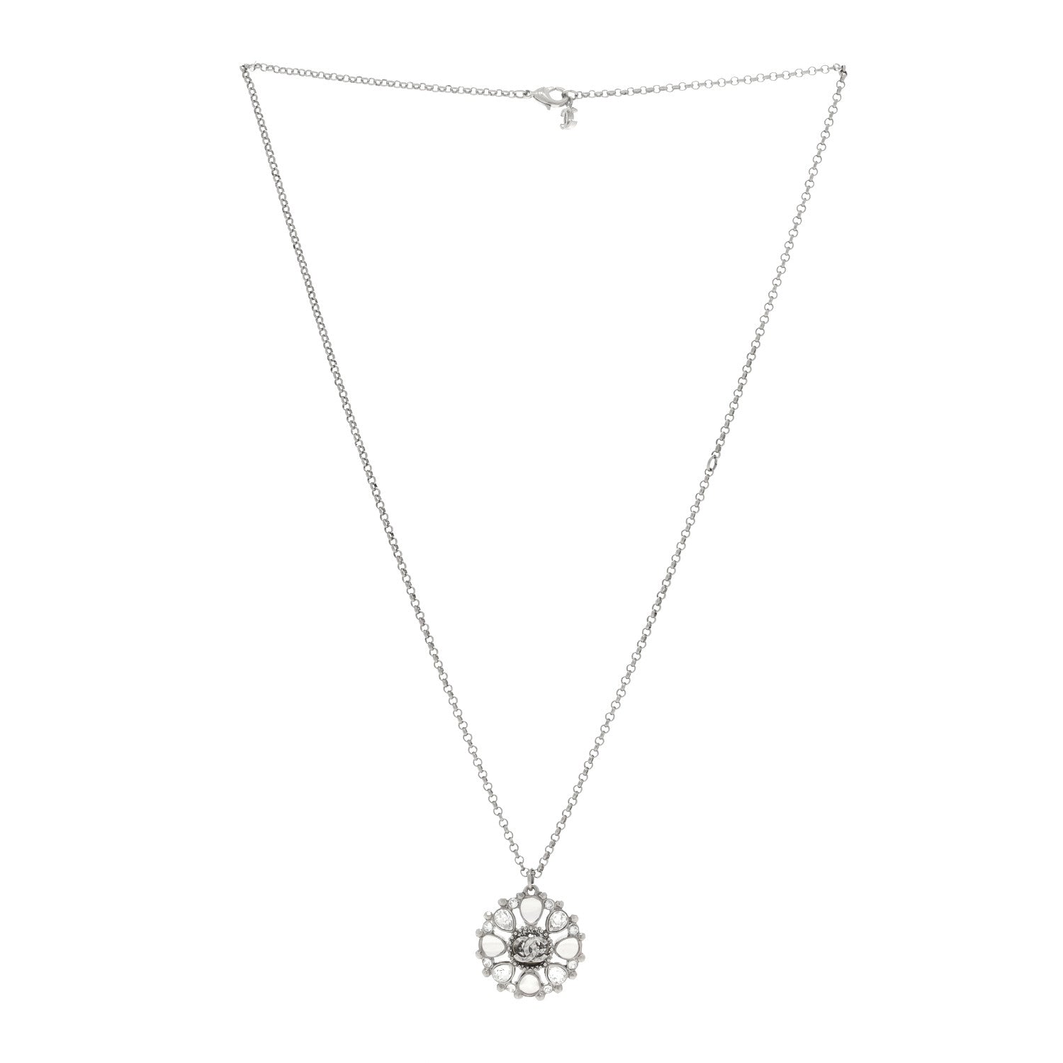 Chanel Crystal CC Round Pendant Necklace Silver 2 of 3