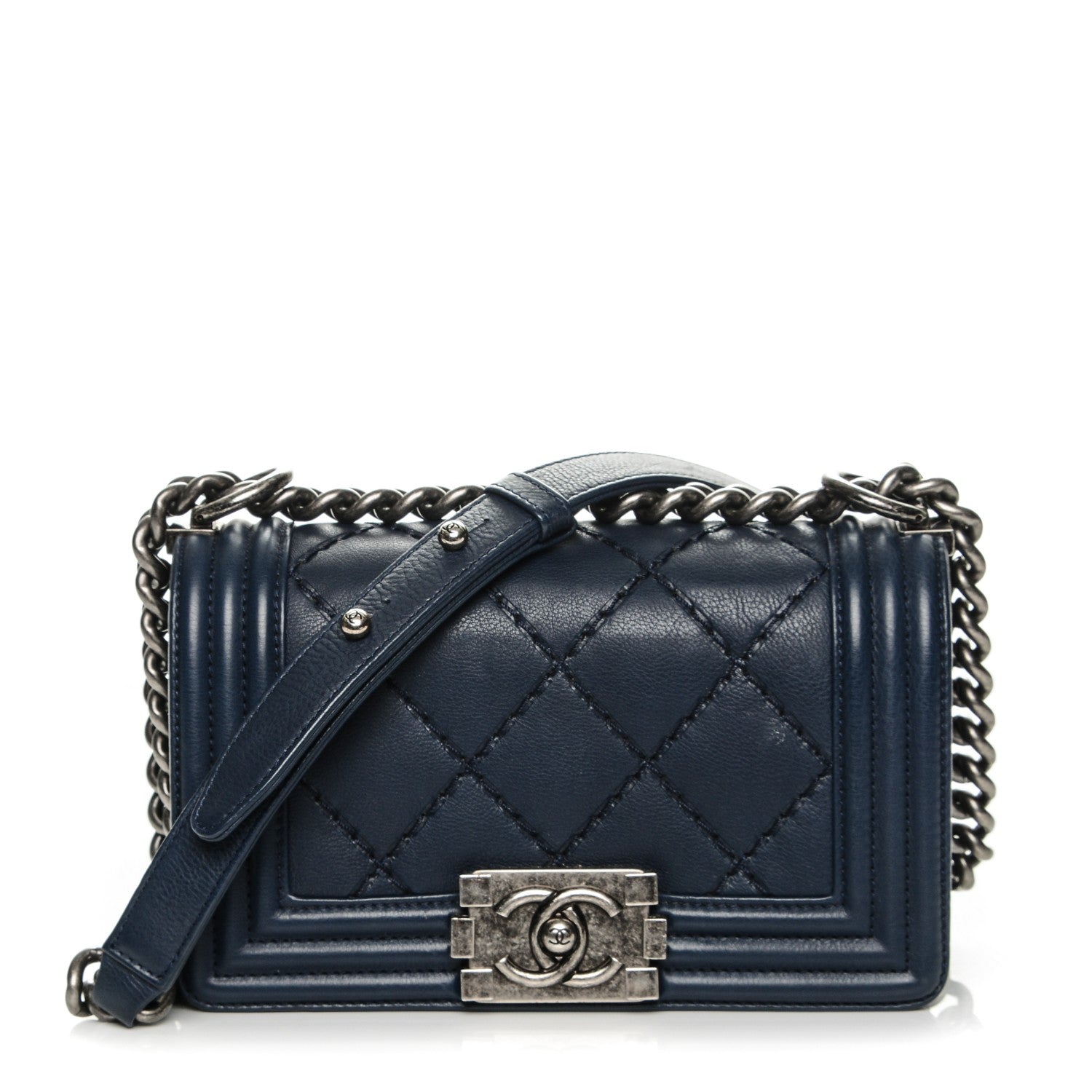 Chanel Calfskin Double Stitch Small Boy Flap Navy Blue 1 of 7