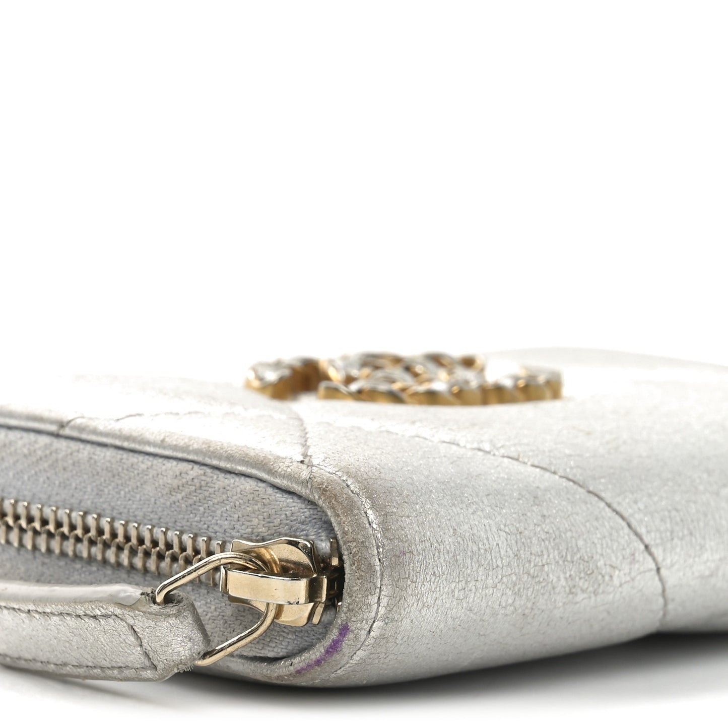 Metallic Lambskin Quilted Chanel 19 Zip Around Coin Purse Wallet Silver