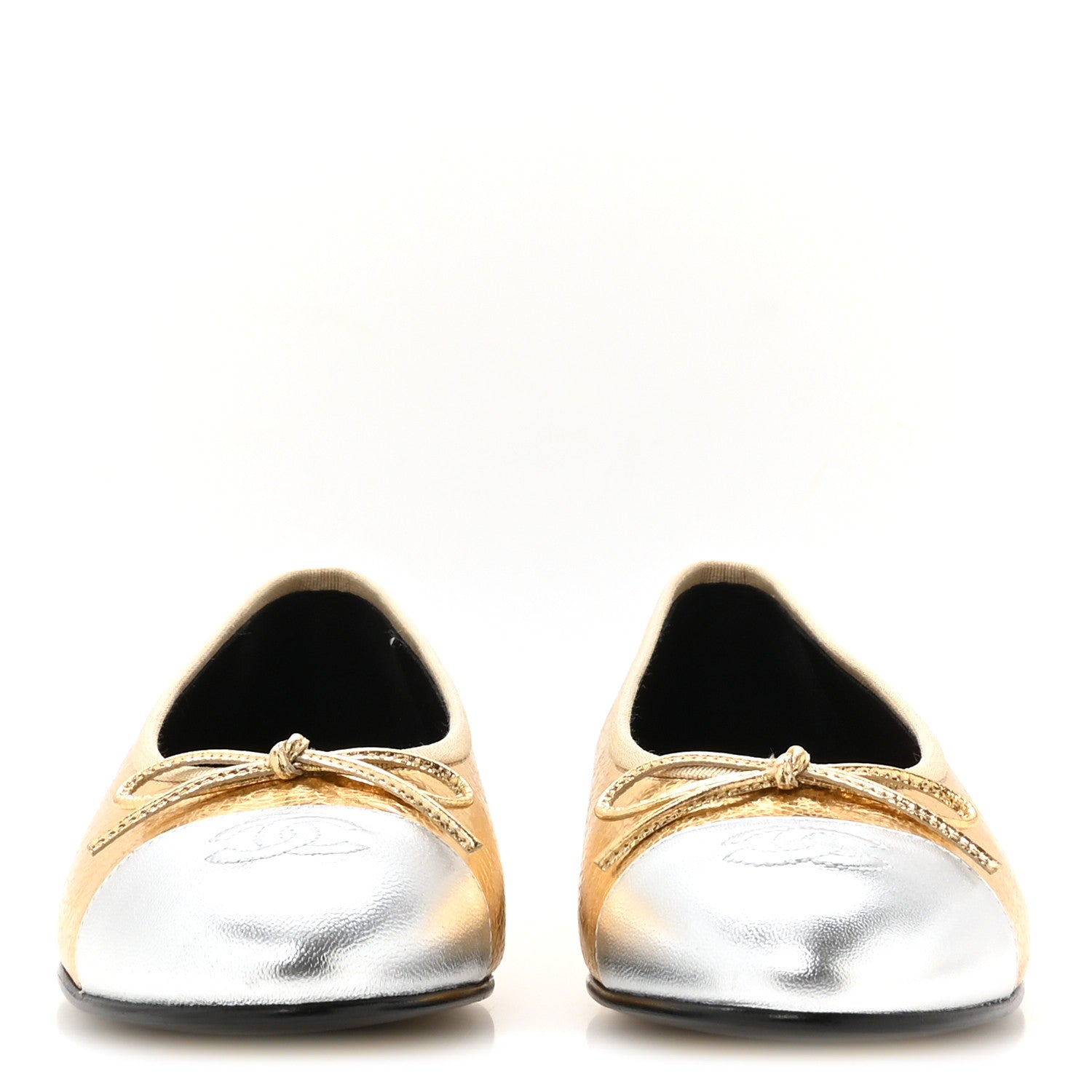 Chanel Metallic Crackled Laminated Calfskin CC Cap Toe Ballerina Flats 37.5 Gold Silver 3 of 9