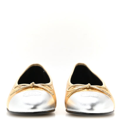 Chanel Metallic Crackled Laminated Calfskin CC Cap Toe Ballerina Flats 37.5 Gold Silver 3 of 9