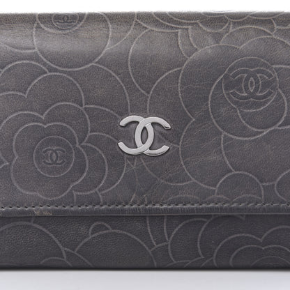 Chanel Lambskin Camellia Embossed Yen Wallet Grey 10 of 13
