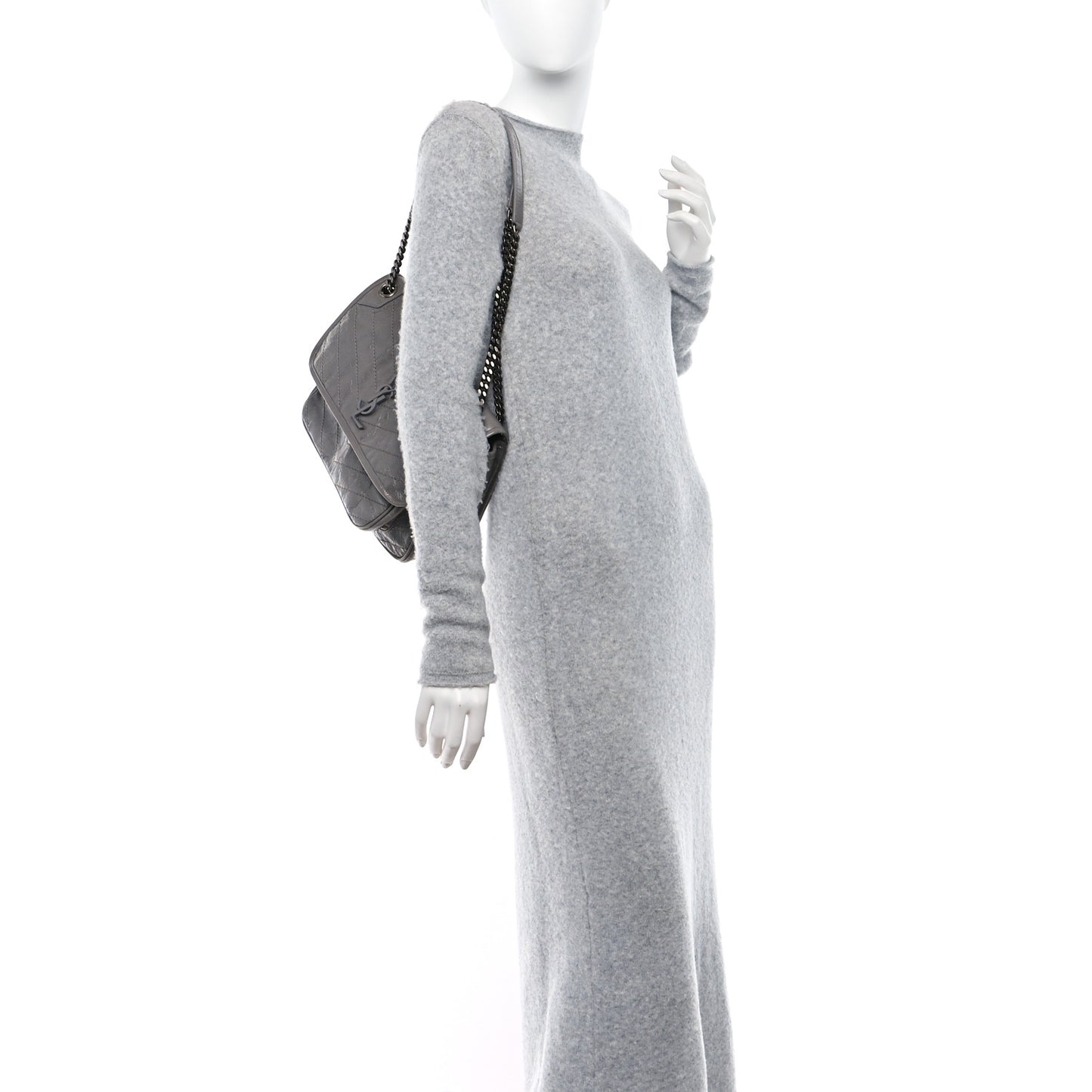 SAINT LAURENT Crinkled Calfskin Matelasse Monogram Medium Niki Chain Satchel Fog