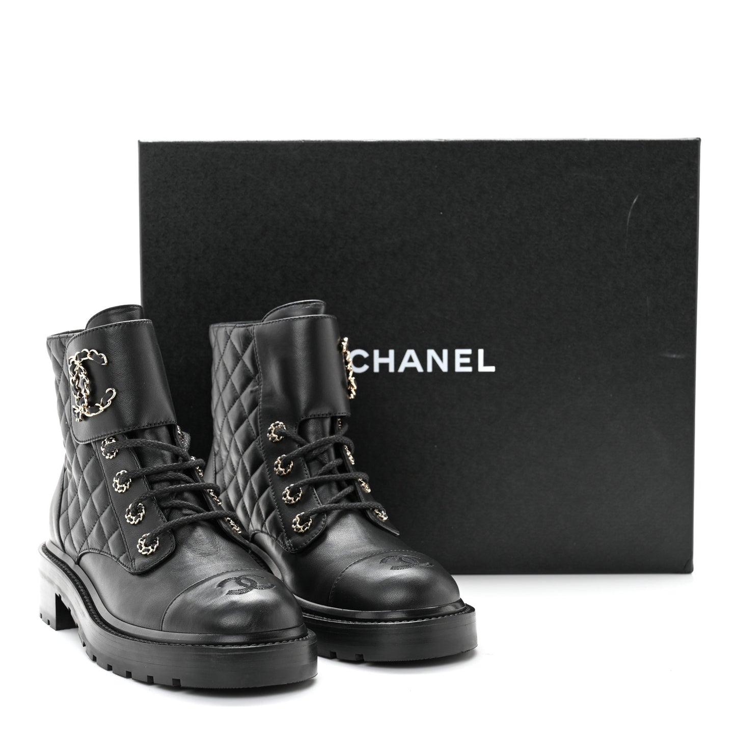 Shiny Lambskin Quilted Lace Up Combat Boots 38 Black
