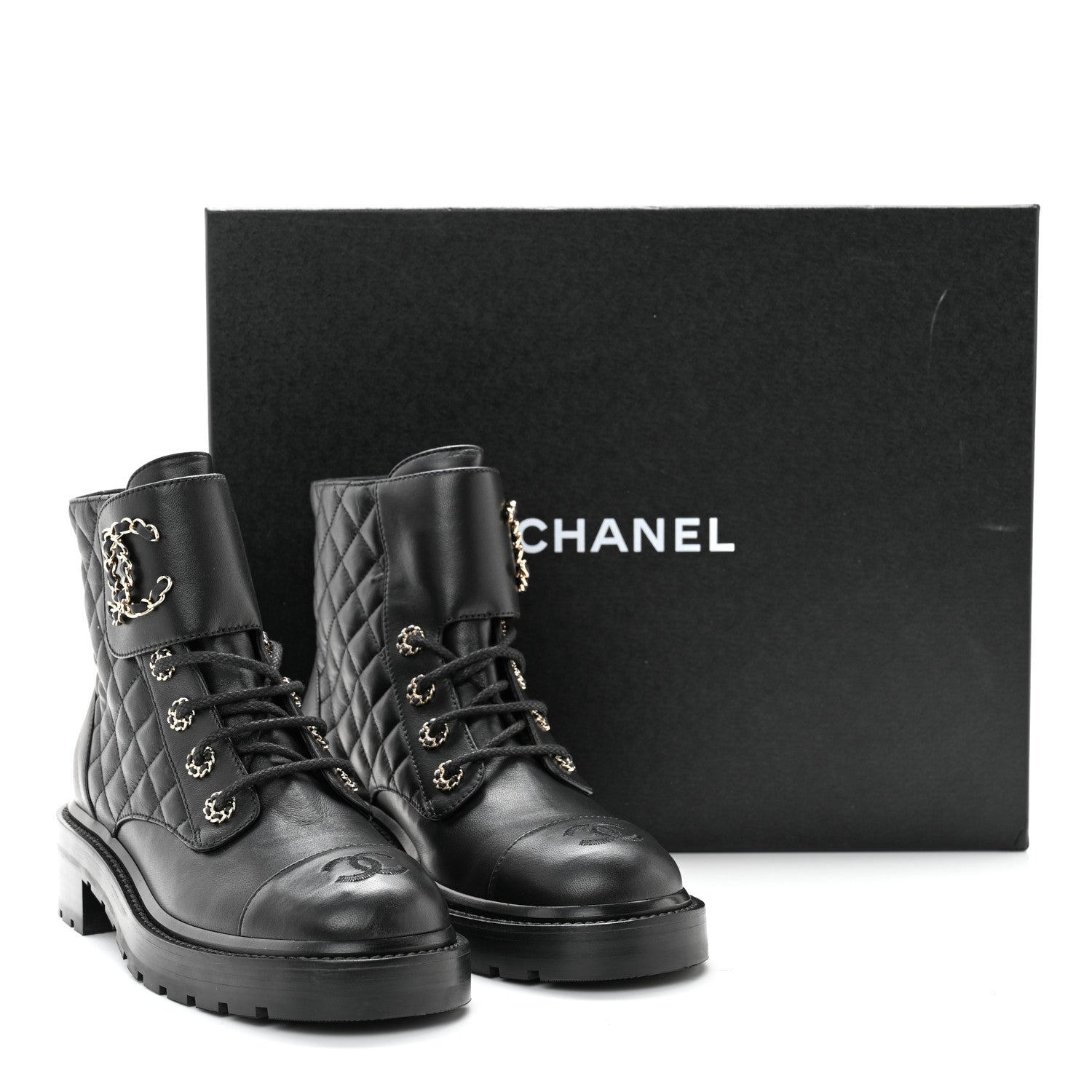 Chanel Shiny Lambskin Quilted Lace Up Combat Boots 38 Black 10 of 10